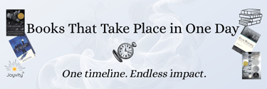 Banner for blog about books that take place in one day, featuring book covers, a pocket watch,