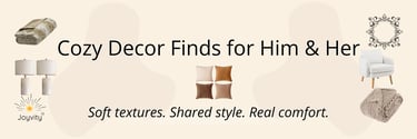Cozy decor banner with neutral pillows, chair, throw blankets and Joyvity tagline. Soft textures.