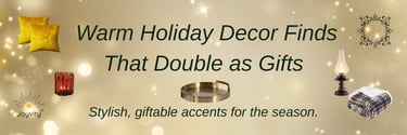 Warm holiday decor and gift ideas featuring velvet pillows, candles, tray, lamp, and throw blanket.