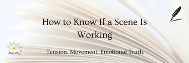 Banner fanned book pages "How to Know If a Scene Is Working" "Tension.Movement.Emotional Truth"