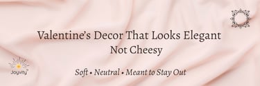 Elegant neutral Valentine’s decor banner with soft blush fabric background and serif text