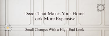 Elegant white wainscoting wall paneling with text about high-end home decor tips and Joyvity logo.