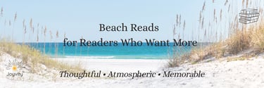 Beach reads banner featuring a sunny ocean view with dunes and a list of thoughtful book recommendations.