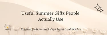 Useful summer gifts for beach days and travel featured on a floral background with the Joyvity logo.