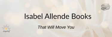 Isabel Allende book blog cover with elegant fabric and Joyvity branding