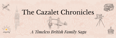 Vintage banner for “The Cazalet Chronicles” with British icons and floral background.