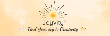 a yellow sunburst with hummingbirds and daisy on each side of "find your joy & creativity"