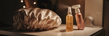 A cozy nighttime routine setup featuring a satin bonnet, a nourishing hair oil bottle, and a fine mist sprayer, all neatly pl