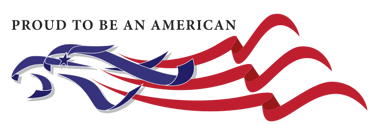 Logo featuring the phrase 'Proud to be an American' with an eagle and flag design.