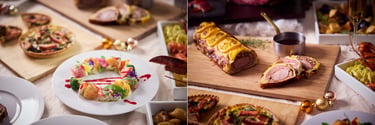 ホテルアゴーラリージェンシー大阪堺のザ・ループで提供されるクリスマスディナービュッフェの料理盛り付け例とリース仕立てのサラダやパイ包み焼きの皿盛り｜堺市のグルメ情報ならサカイタイムズ