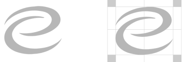 Un logo minimaliste  sur fond noir, montré à côté de sa grille de design technique.
