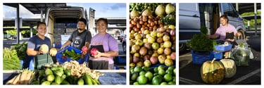 Des producteurs de fruits et légumes préparent leur étal au marché