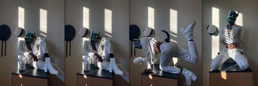 Fashion poses - 4 of man in pup mask dressed in white