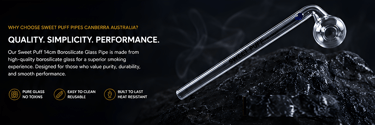 Sweet Puff 14cm borosilicate glass pipe on dark rock with smoke and product feature text.