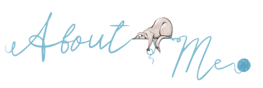 About me header whimsical illustration soft scrip lettering cute grey cat ball of yarn illustration artwork art