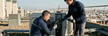 Técnicos de Climatización y Aire Acondicionado, realizando mantenimiento en calle Baños, Sevilla.