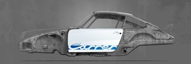 Porsche 911 Carrera RS 2.7 side bodyshell - drawing illustration dessin - Grand Prix White / blue