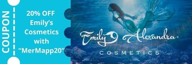 beautiful mermaid in blue tones in the ocean representing Emily Alexander's cosmetics and 20% off