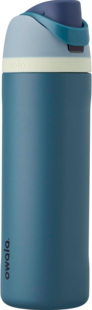 Denim-colored Owala FreeSip insulated stainless steel water bottle with straw and push-button lid