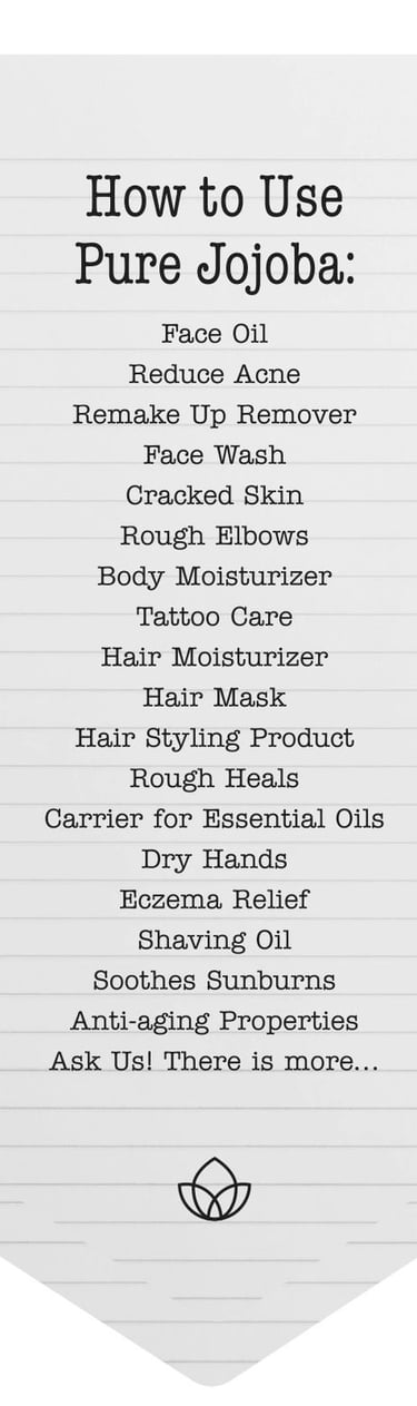 A list of pure jojoba oil uses for face, hair, and body care on a white notepad graphic.