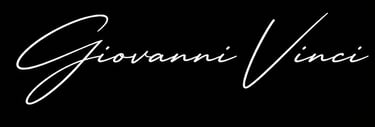 Minimalist white script logo of Giovanni Vinci on a solid black background.