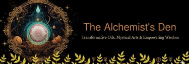 The Alchemist's Den banner featuring mystical occult symbols, transformative essential oils, and a cosmic eye.