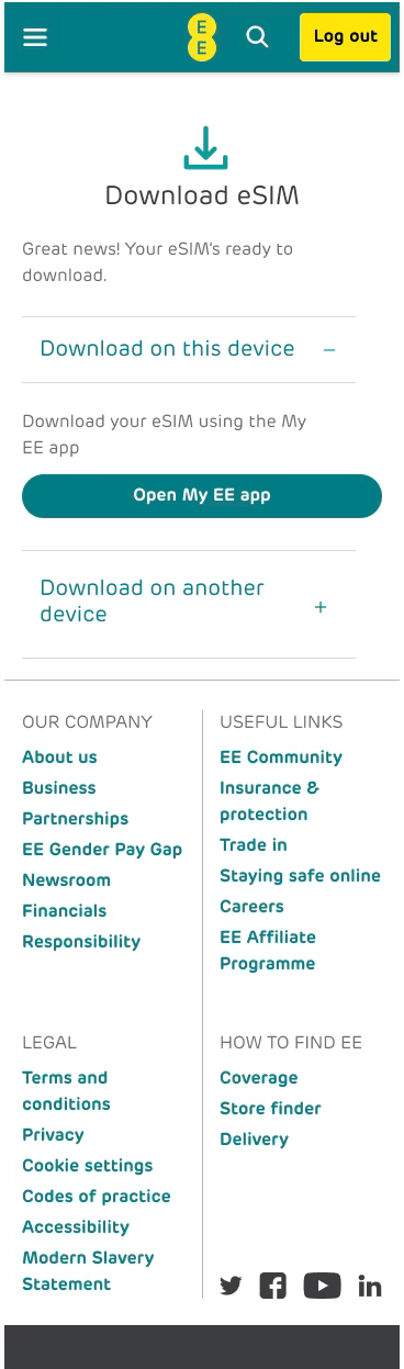 UI design with two options to download the eSIM. Option to open in app is expanded.