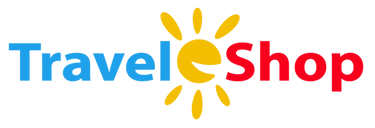 TravelShop logo with blue and red text and a yellow sun icon on a black background.