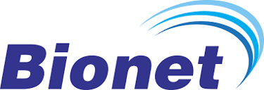 Bionet medical equipment company logo with blue text and a stylized wave design.
