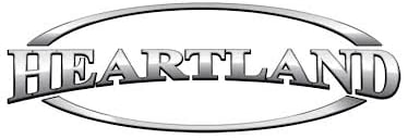 Heartland RV silver metallic logo with chrome text inside an oval frame.