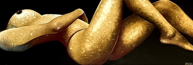 Panoramic artwork of intertwined human-like golden forms against a black background, by Andrej 