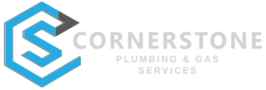 Cornerstone Plumbing and Gas Services logo featuring a blue and grey geometric C-shaped icon.