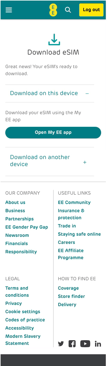 UI design with two options to download the eSIM. Option to open in app is expanded.