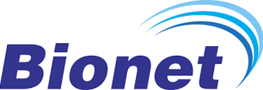 Bionet medical equipment company logo with blue text and a stylized wave design.