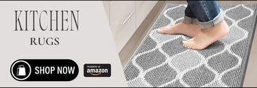 a person standing on a rug in a kitchen rug