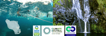 oceano poluído com plástico e produtos tóxicos e uma queda de água pura, ecolabel de produtos