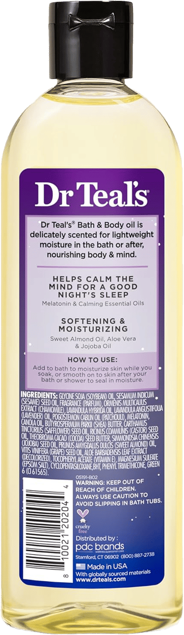 Dr Teal's Sleep Blend bath oil back label with ingredients, usage instructions, and cautions