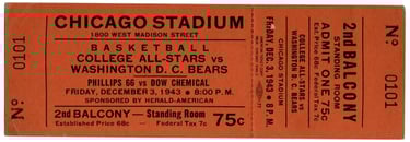 Rare Original December 3rd, 1943 Washington D.C. Bears Basketball Ticket at Chicago Stadium