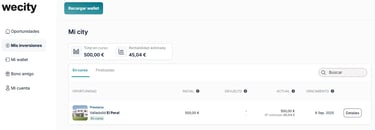 wecity cuadro de Mis inversiones y recarga wallet