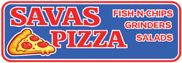 Savas Pizza restaurant logo featuring a pepperoni slice, fish-n-chips, grinders, and salads.