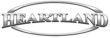 Heartland RV silver metallic logo with chrome text inside an oval frame.