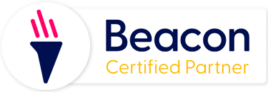 The Beacon logo. A symbol of a flaming torch in blue and red, with words Beacon Certified Partner