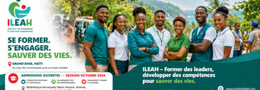 A group of smiling ILEAH leadership and humanitarian action students in Jeremie, Haiti, posing for a program banner.