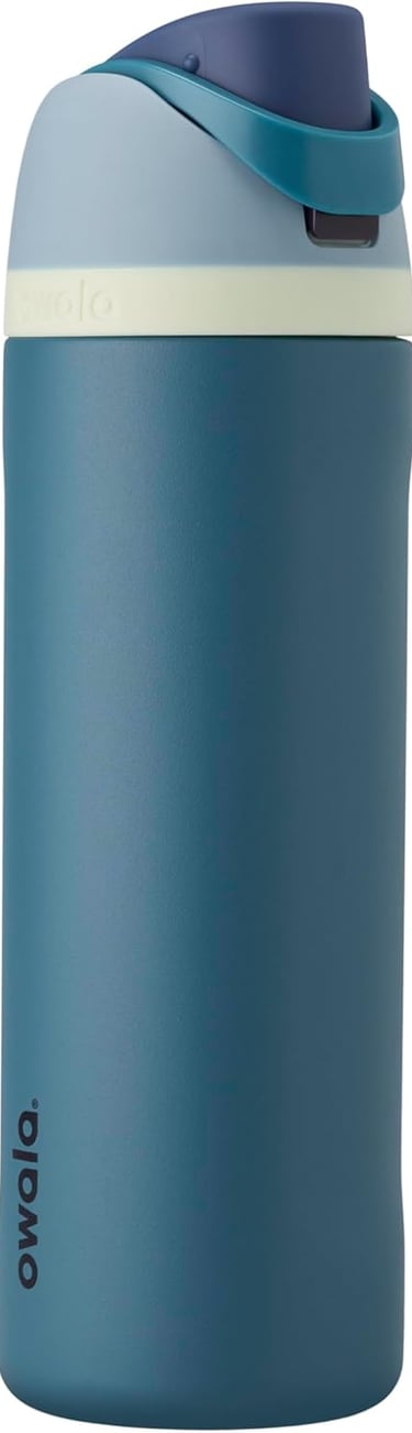 Denim-colored Owala FreeSip insulated stainless steel water bottle with straw and push-button lid
