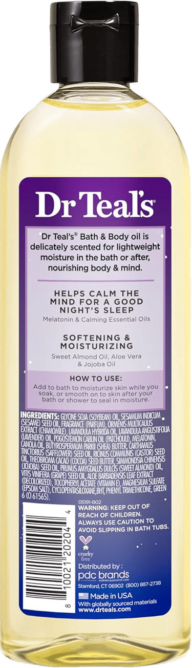 Dr Teal's Sleep Blend bath oil back label with ingredients, usage instructions, and cautions