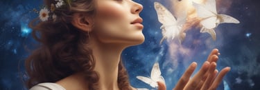 A spiritual altar is set up outdoors on a fluffy white surface with various crystals, a wooden board spelled 'ENERGIES' with wooden letters, tarot or oracle cards, a candle, and a bowl of pink Himalayan salt. Green foliage surrounds the setup, creating a serene and natural backdrop.