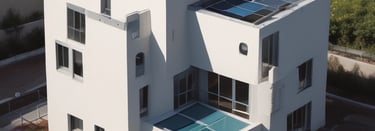 Modern sustainable building with solar panels and green rooftop garden under clear blue sky.