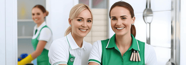 two women in green uniforms are smiling and posing for the camera