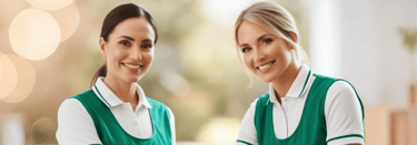 two women in green uniforms standing next to each other