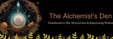 The Alchemist's Den banner featuring mystical alchemy symbols, transformative oils, and golden leaf designs.
